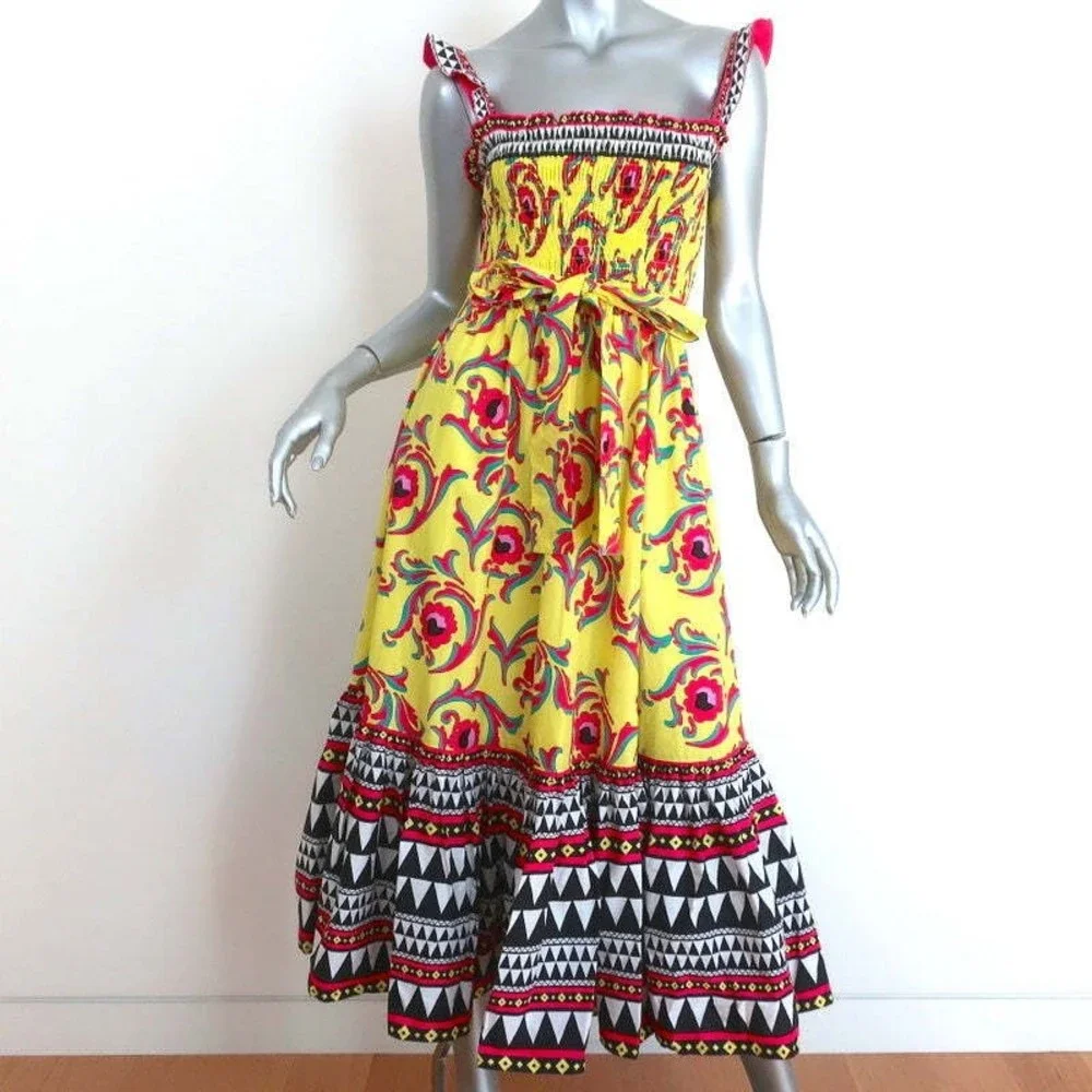 La DoubleJ Smock Dress Yellow Cartwheel Giallo Print Cotton Size Extra Small - Picture 1 of 9